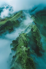 Poster - Scenic Aerial Shot of cloudy mountain top, Verdant Mountain Summit