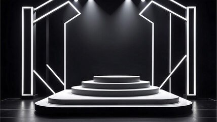 Canvas Print - Product display exhibition modern stage design podium black stage,  neon  frame, and white display