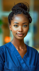 Young African-American Nurse in Modern Clinic Setting, Confident Healthcare Professional in Blue Scrubs, Medical Staff, Daytime, Focused and Professional Mood, Health and Care Concept