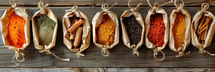 Poster - An assortment of spices in open paper bags arranged on a rustic wooden surface. The spices include turmeric, paprika, cinnamon, and others. Generative AI