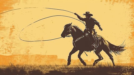 American cowboy riding horse and throwing lasso, horse drawing