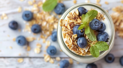 Fresh Greek yogurt with wholegrain muesli and blueberries in a glass jar, a sprig of mint for garnish. Top view. Healthy food and eating concept.