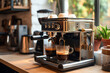 © Hype2Art - Modern espresso machine brewing fresh coffee in kitchen with froth and cups on counter in morning
