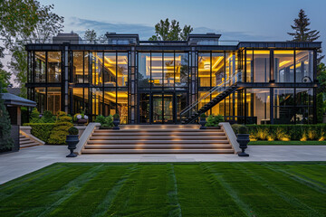 Wall Mural - A luxurious front home with an expansive glass facade, a grand staircase leading to the entrance, and a sculpted front lawn.