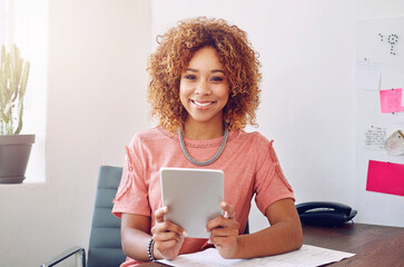 Poster - Black woman, smile and portrait in office with tablet for web design, online for business email. Female entrepreneur, creative and workspace with happiness for website development, tech for startup