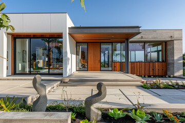 Wall Mural - A modern front home with a blend of concrete and wood finishes, large sliding glass doors, and a front garden with sculptural elements.