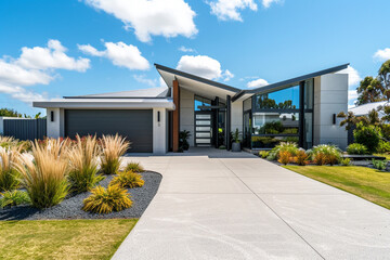 Wall Mural - A modern front home with a spacious driveway, glass and steel elements, and a minimalistic front garden with ornamental grasses.