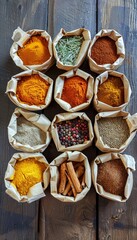 Fototapete - An assortment of dry spices in open paper bags arranged on a weathered wooden surface. Generative AI