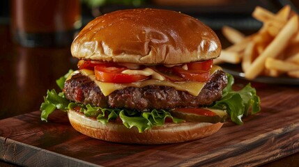 Wall Mural - A close-up of a gourmet burger with a juicy patty, fresh lettuce, and tomato, served on a wooden board