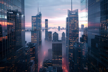 a panoramic shot of a high-rise office building district at dawn, with the first light of day castin