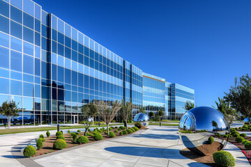 Wall Mural - A panoramic view of an office building with reflective glass windows, surrounded by landscaped pathways and modern sculptures, under a clear blue sky