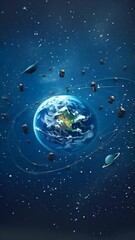 Poster - Planet Earth surrounded by satellites and space debris in outer space. High-resolution space photography. Space exploration and orbital debris concept. 