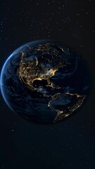 Poster - Planet Earth illuminated by city lights at night in outer space. High-resolution space photography. Global connectivity and urbanization concept. 
