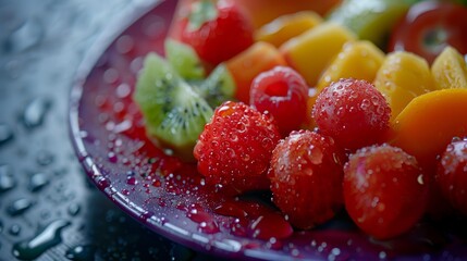 Wall Mural - A close-up macro photograph of a vibrant plate of fresh fruits and vegetables, glistening with dewy drops. The image emphasizes the natural beauty and healthy benefits of these ingredients