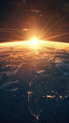 Poster - Sunrise over Earth viewed from space with illuminated city lights at night. High-resolution space photography. Global connectivity and urbanization concept