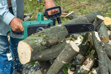 A man is sawing a tree with a chainsaw. A young near his house