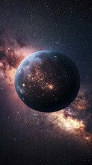 Poster - View of a planet against the backdrop of the Milky Way galaxy. High-resolution space photography. Cosmic exploration and astronomy concept.