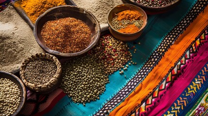 Poster - A colorful array of traditional Mexican spices, including chili powder, cumin, and coriander seeds, arranged on a vibrant patterned fabric. Generative AI