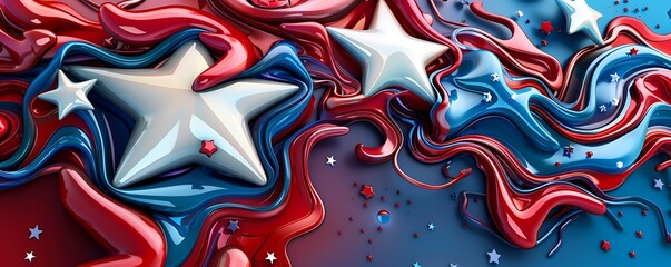 Sticker - Abstract glossy splashes and star designs in red, white, and blue, capturing the excitement of Independence Day.