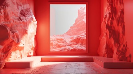 Poster - A red room with a window and a mountain in the background