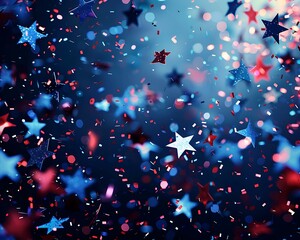 Sticker - American stars confetti for colorful holiday, lively blue and red sparkles illustration,