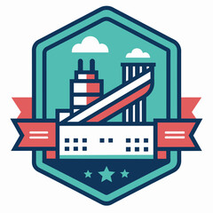 Poster - A clean and minimalist emblem depicting a factory with a building and a conveyor belt, A clean and minimalist emblem for a factory production line