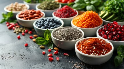 Wall Mural - Close-Up of Assorted Healthy Organic Superfoods on White Background Showcasing Nutrient-Rich Variety and Vibrant Colors for Health-Conscious Diets