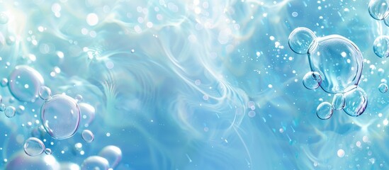 Wall Mural - Abstract background of transparent blue water with ripples, bubbles, and splashes in sunlight, accompanied by space for text. Cosmetic lotion and toner emulsion included.