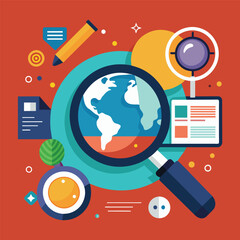 Poster - A modern and clean depiction of a magnifying glass, enlarging a detailed image of the Earth, A clean and modern representation of a basketball hoop and net