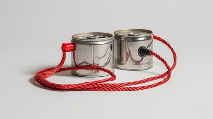 Simple old-fashioned phone made from cans and red cord on white