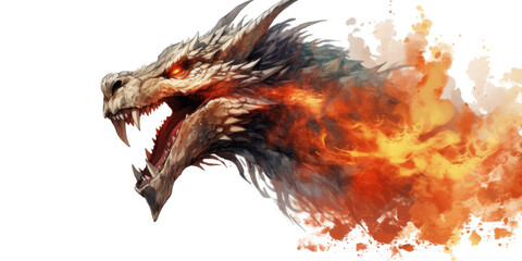  A dragon head breathing fire isolated on transparent or white background