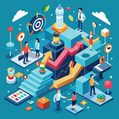 Poster - Isometric illustration showcasing strategic growth, collaboration, and achievement, A clean and modern representation of strategic problem-solving through visual elements