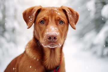 Close-up of a brown dog with snow on its nose against a blurred snowy background