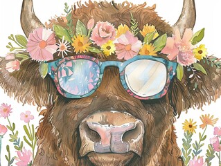 Wall Mural - Portrait of funny cow with sunglasses. The animal is drawn in the style of a watercolor drawing.  Illustration for cover, card, postcard, interior design, decor or print.