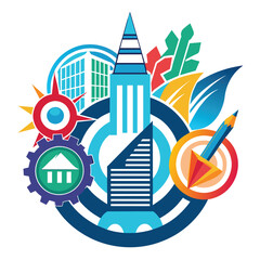 Poster - A clean and sophisticated logo representing creati, featuring city buildings, a gear, leaves, and a pencil, A clean and sophisticated logo representing creativity in advertising