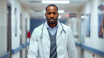 A professional doctor in a hospital corridor, wearing a lab coat and stethoscope, symbolizing medical care and healthcare services.