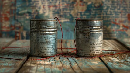 Retro communication concept with two tin cans connected by red string