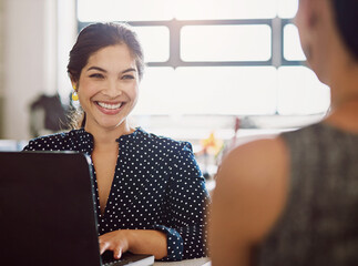 Aufkleber - Business meeting, laptop and happy woman in office with employee with work review, feedback and planning. Support, advice and friendly manager with intern for online research, solution or schedule
