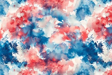 Wall Mural - Chic and modern tie-dye watercolor background with abstract patterns in red, white, and blue, ideal for national celebrations.