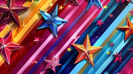 Sticker - Contemporary and stylish glossy abstract with bold stripes and vibrant stars in patriotic colors, celebrating July 4th.