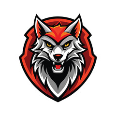 Sticker - A digital illustration of a snarling wolf mascot design with a red shield, A dynamic design featuring a fierce animal mascot logo