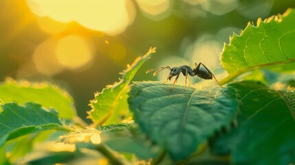 Single ant on a green leaf, in a bright meadow with sunlight filtering through, soft pastel clouds above