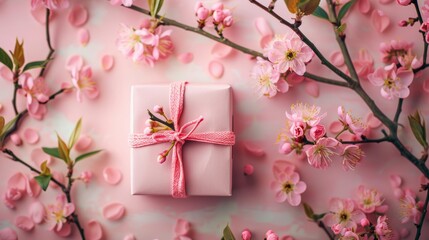 Wall Mural - Gift Box with Flowers on Pastel Background for Web Banner Generative AI