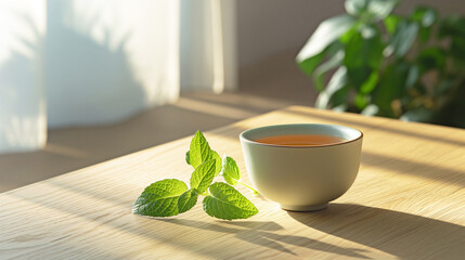 Wall Mural - Natural tea drink in a cup on a light wooden table with a sprig of mint.