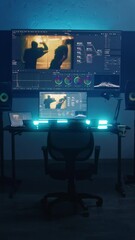 Fototapete - Studio with modern equipment for color correction. Computer, digital tablet and big screens showing color grading program interface with movie footage, RGB graphics and color wheels. Post production.
