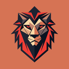Poster - a geometric lions face with red mane and black eyes, depicted in a minimalist style on a reddish-ora