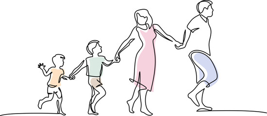 Wall Mural - family walk together holding hands. continuous one line drawing.