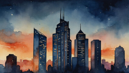 Wall Mural - Watercolor illustration of a cityscape with skyscrapers at dusk.