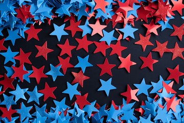 Wall Mural - Festive blue and red stars confetti for American holiday celebration, lively illustration,