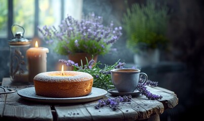 romantic candle light setup with lavender cake, tea & coffee with dark background - Generative AI